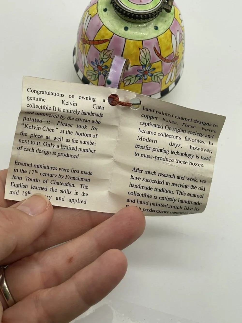 Kelvin Chen Hand Painted Enamel Mini Teapot Trinket Box No. 24 COA Dragonfly